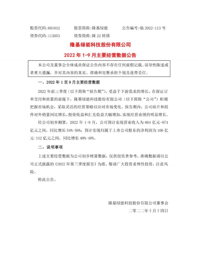 隆基綠能：營收或超864億，預計前三季凈利或在106億元-112億元之間